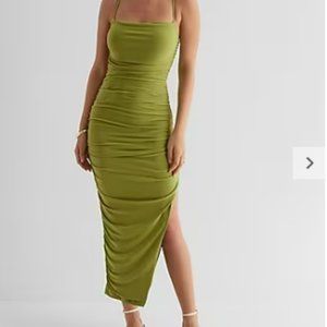 Express Body Contour Mesh Ruched Side Slit Midi Dress With Bra Cups (M)